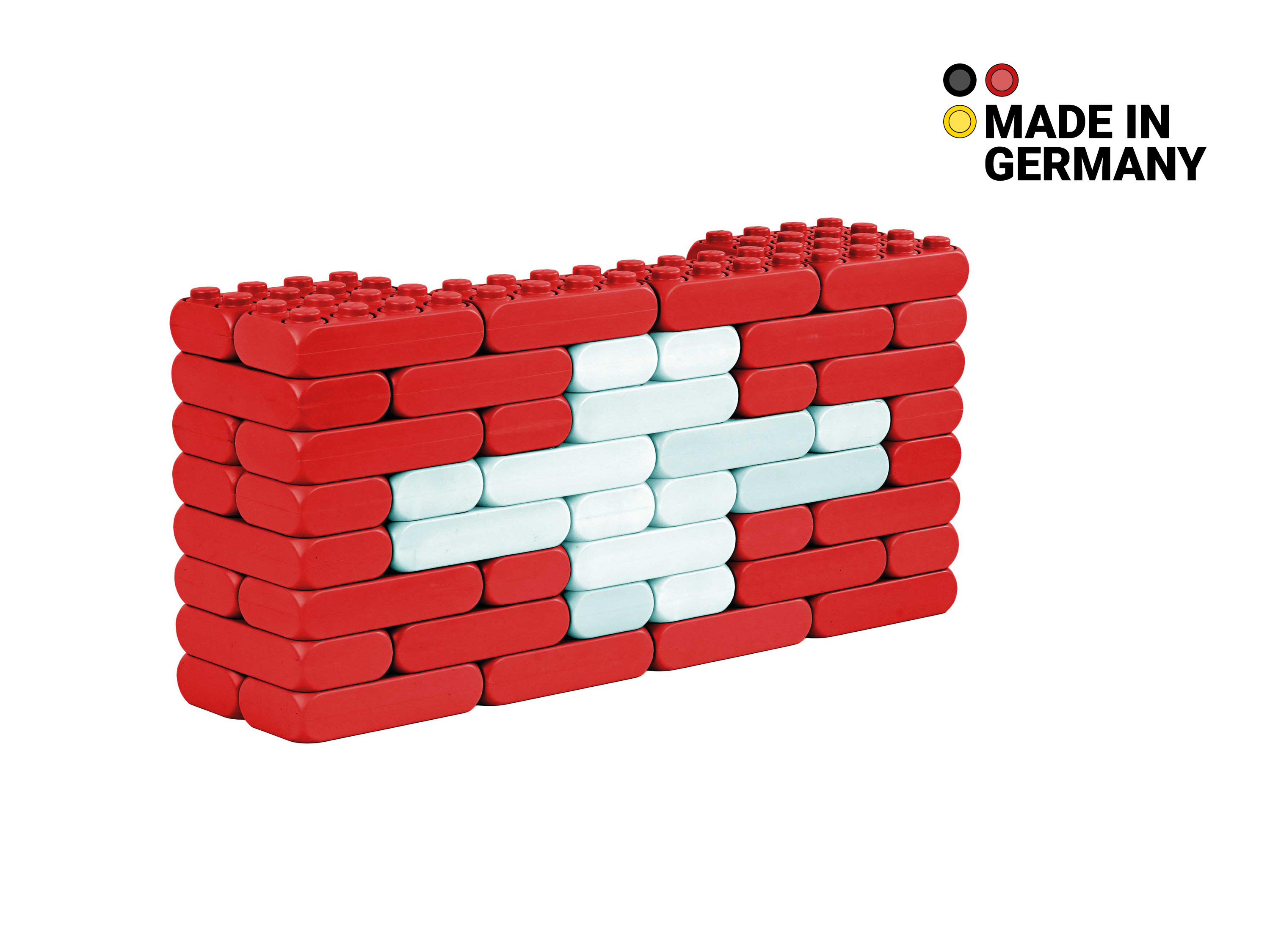 XXL-Spielbausteine als Schweizer Flagge mit Made in Germany Logo