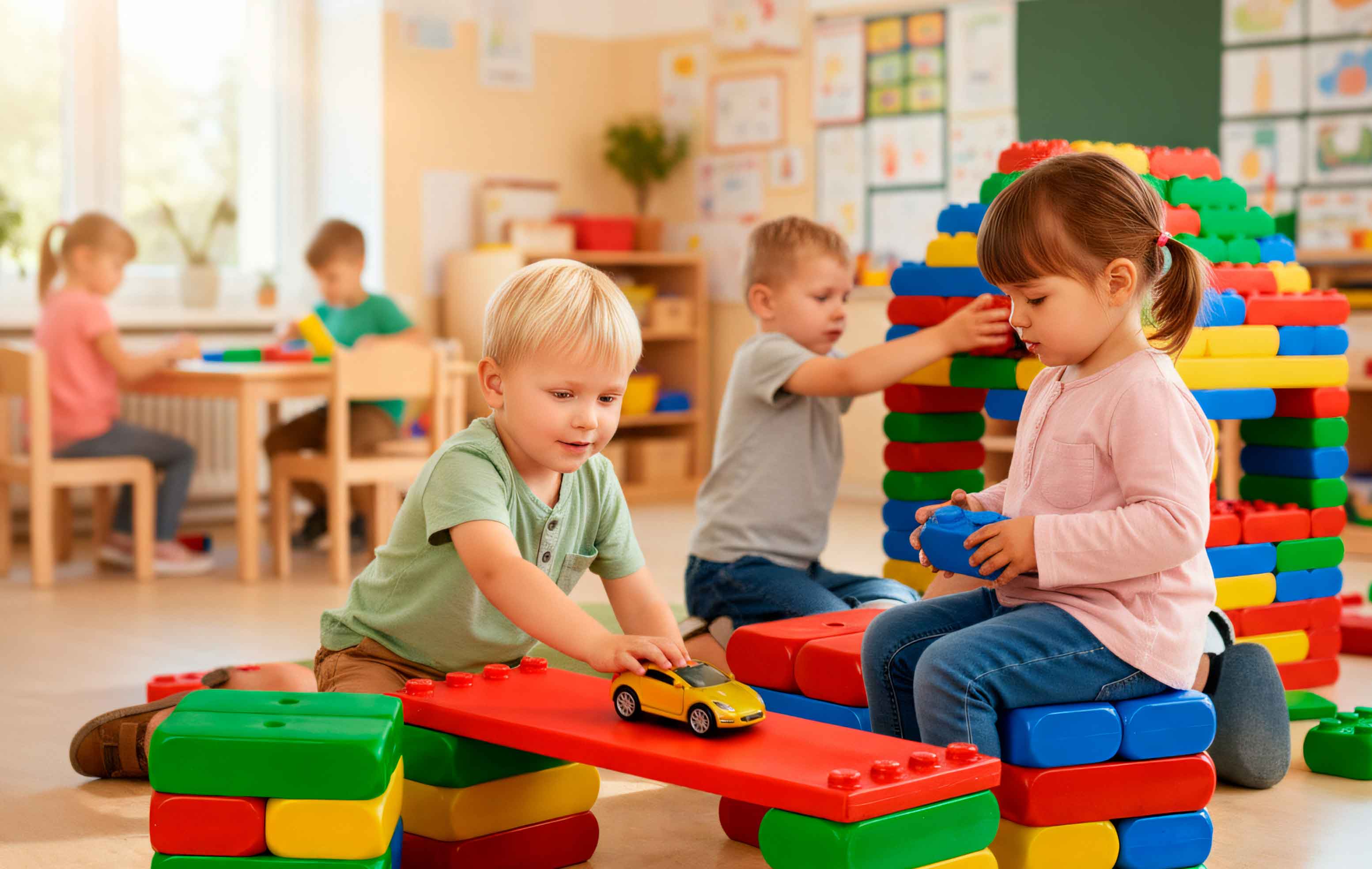 Mehrere Kinder spielen mit Spielzeug auf XXL-Spielbausteinen in einer Kita