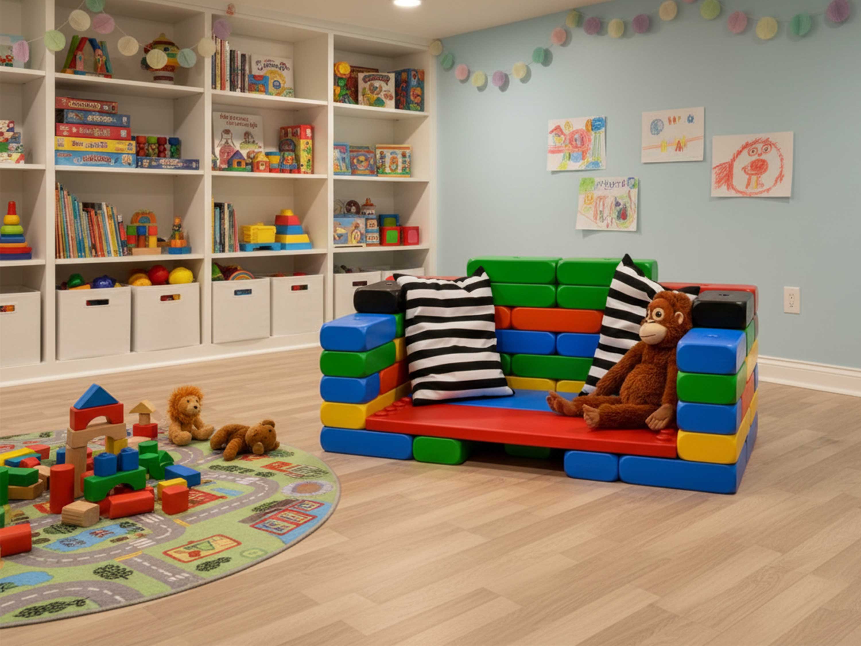 Kindersofa aus Spielbausteinen mit Deko im Kinderzimmer