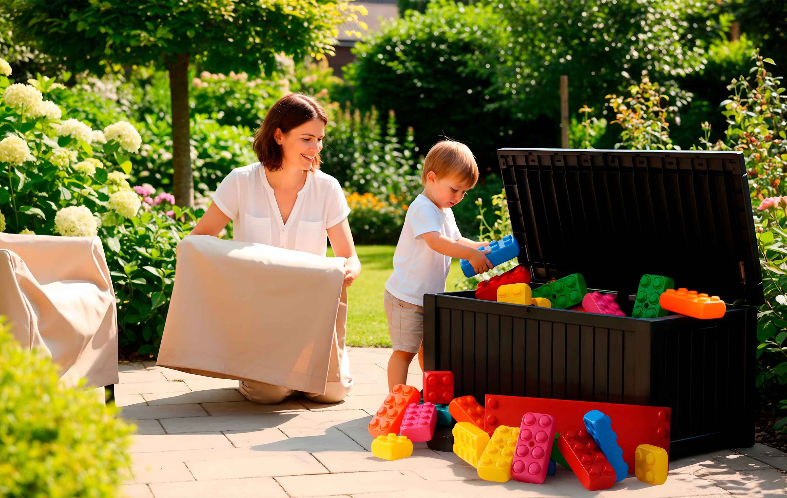 Kind räumt Bausteine in eine Aufbewahrungsbox und die Mutter schaut zu und faltet Gartenbezüge