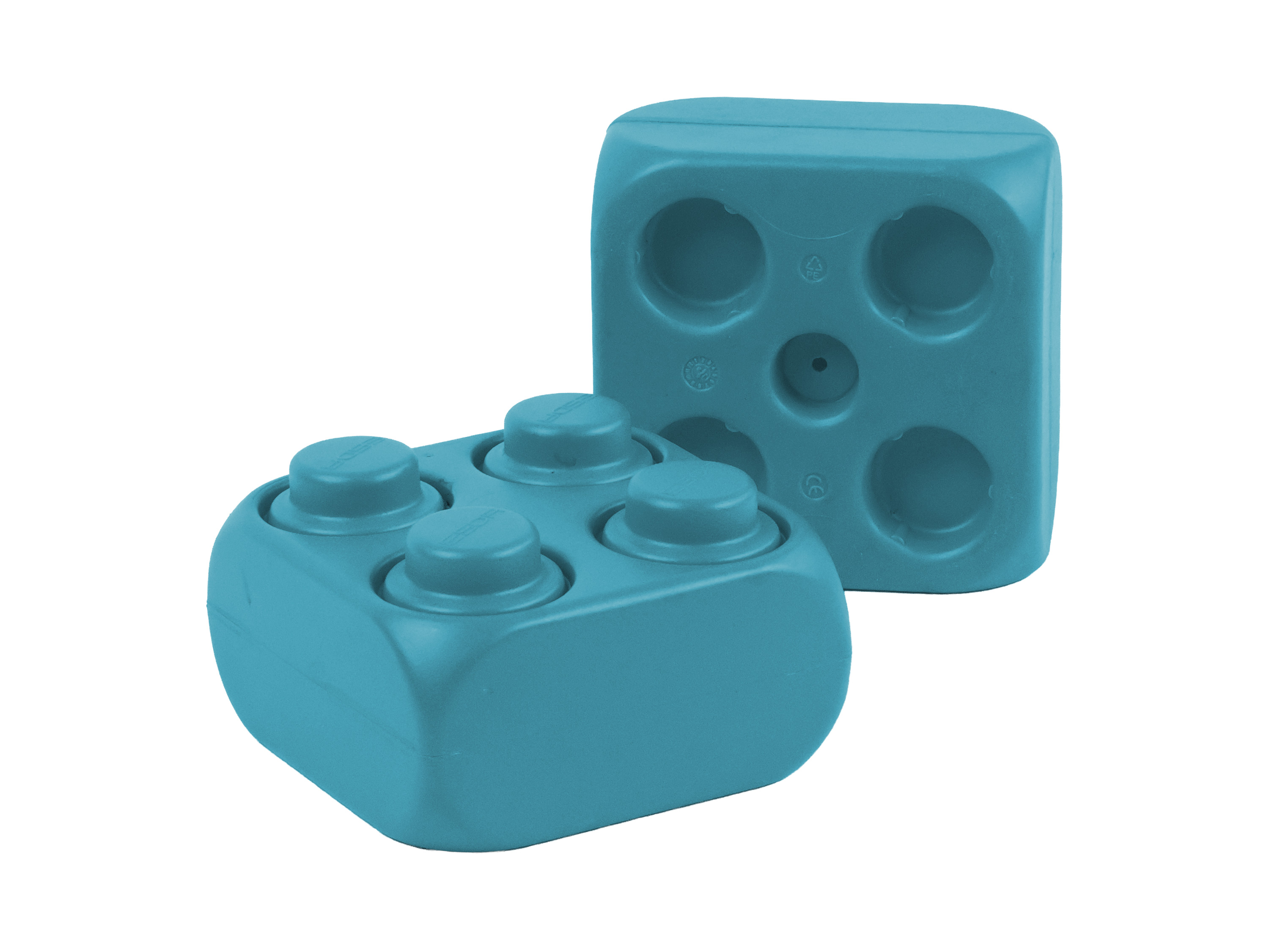 Spielbaustein vierer in türkis Schrägansicht und Rückseite