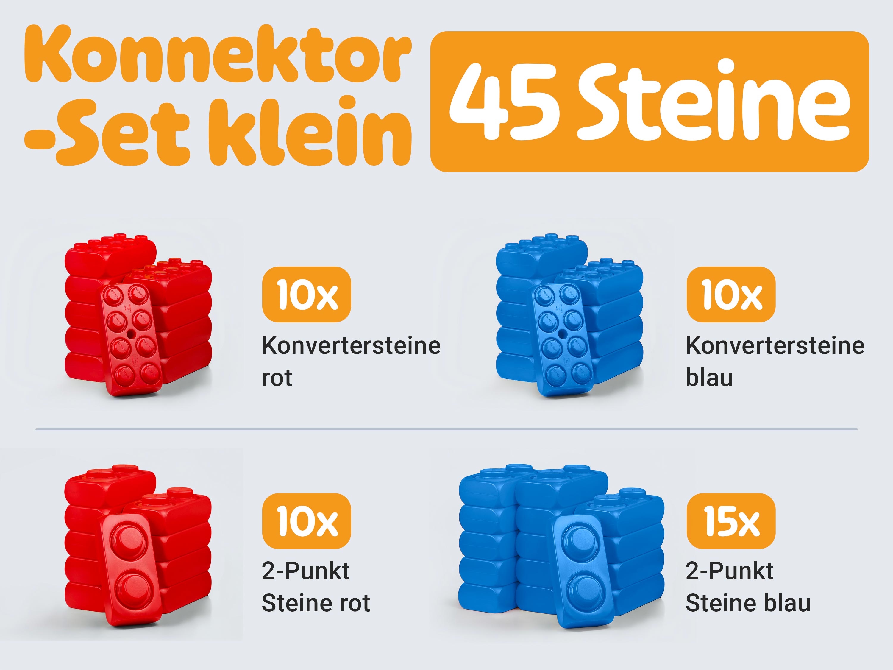 Aufstellung aus welchen Steinen und Farben das Konnektor Set besteht
