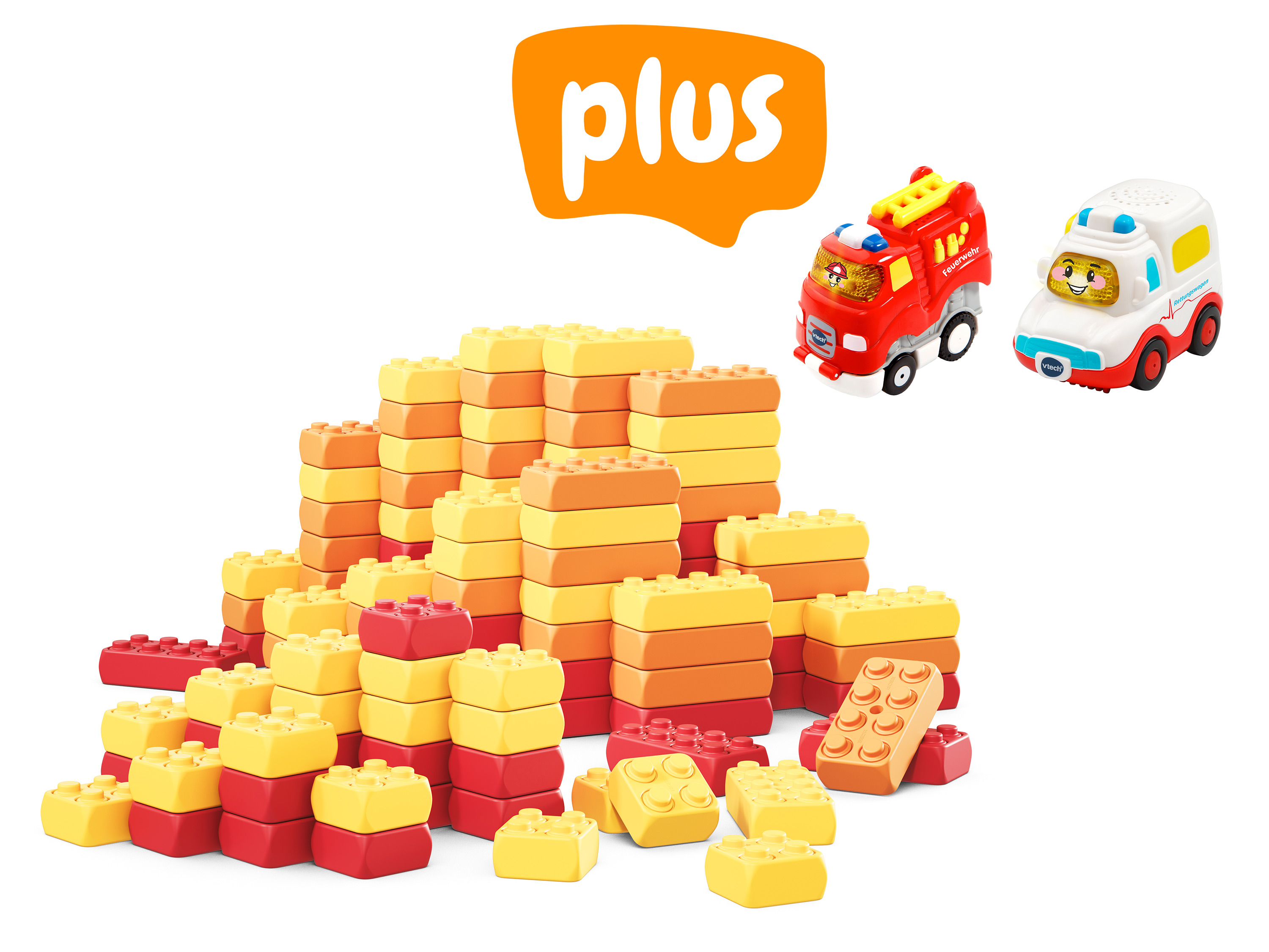 XXL Spielbaustein mit Vtech Tut Tut Baby Flitzer Feuerwehr Press & Go und Rettungswagen