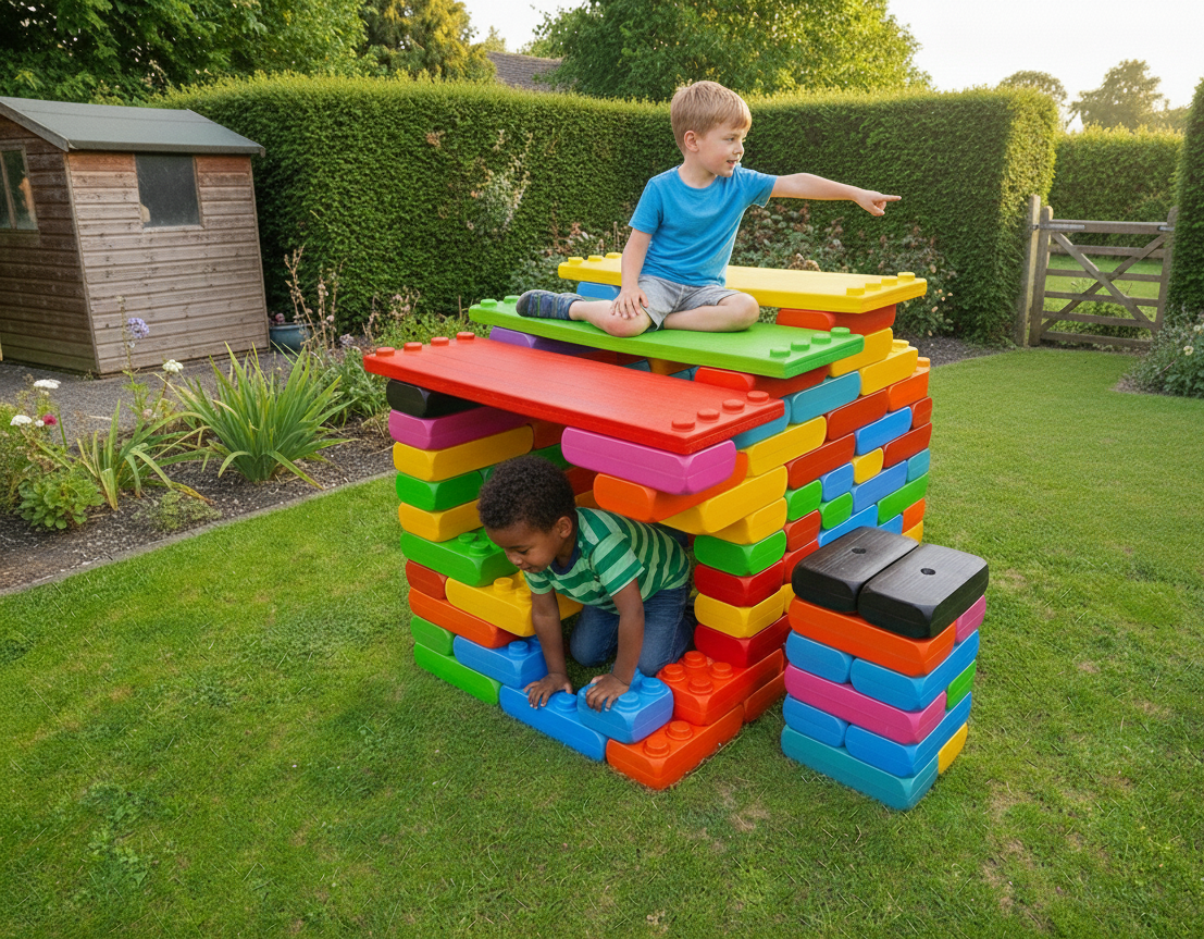 Kind sitzt auf Konstruktion aus Spielbausteinen und Abschlussplatten im Garten